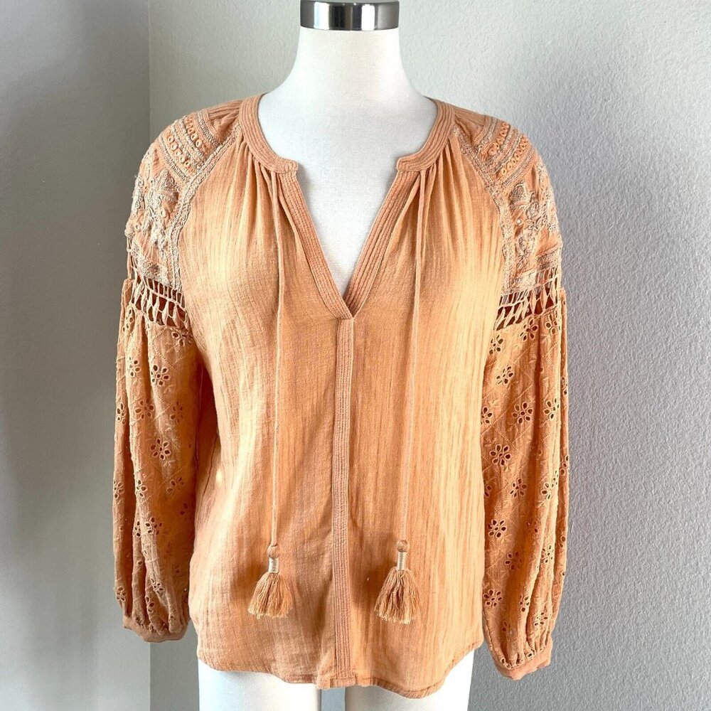 Nicole‎ Miller Artelier Medium Embroidered Peasant Blouse Eyelet Bohemian Top